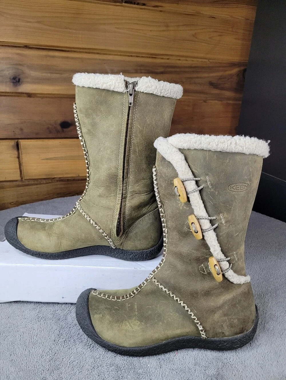 Keen Kaley Winter Green Leather Boots Womens 8 Faux Fur Lined Toggle Side Zip